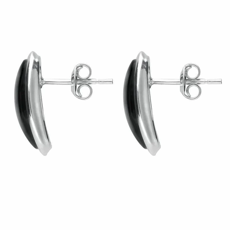 Sterling Silver Whitby Jet Curved Wide Oblong Stud Earrings.