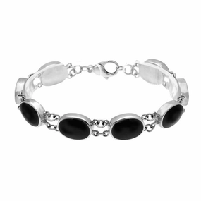 Sterling Silver Whitby Jet Eight Stone Oval Link Bracelet