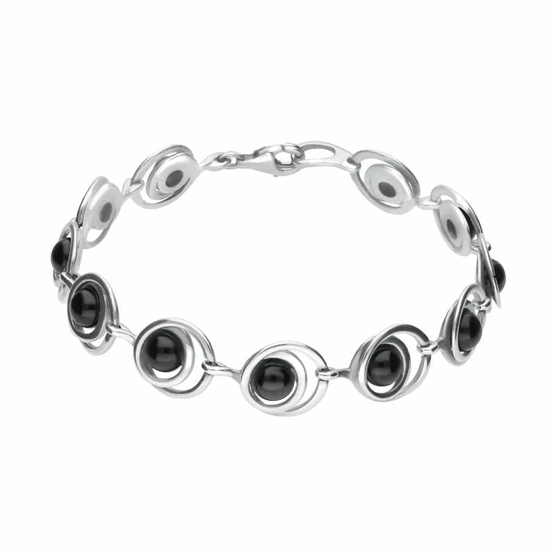 Sterling Silver Whitby Jet Eleven Stone Round Swirl Bracelet