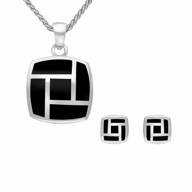 Sterling Silver Whitby Jet Five Stone Tile Two Piece Set
