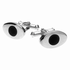 Sterling Silver Whitby Jet Flat Oval Round Stone Cufflinks