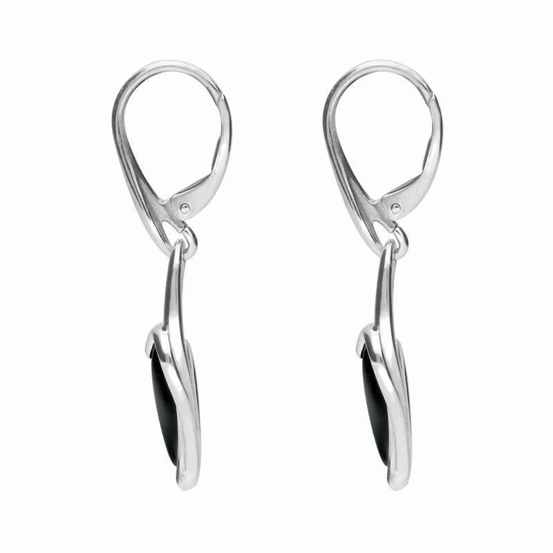 Sterling Silver Whitby Jet Fleur Leaf Drop Earrings