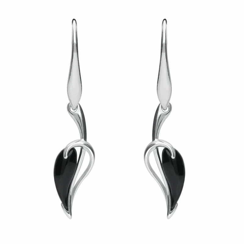 Sterling Silver Whitby Jet Fleur Leaf Drop Earrings