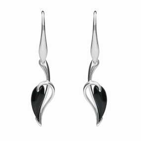 Sterling Silver Whitby Jet Fleur Leaf Drop Earrings