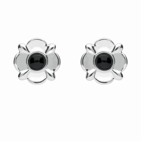 Sterling Silver Whitby Jet Four Petal Flower Stud Earrings