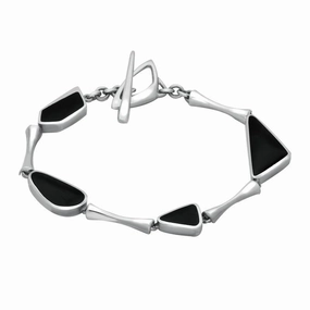 Sterling Silver Whitby Jet Four Stone Triangle Bar Bracelet