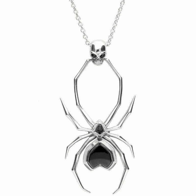 Sterling Silver Whitby Jet Gothic Spider Skull Necklace