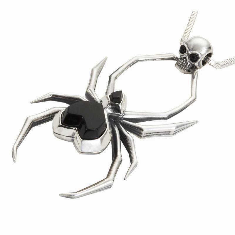 Sterling Silver Whitby Jet Gothic Spider Skull Necklace