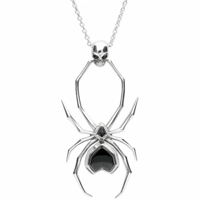 Sterling Silver Whitby Jet Gothic Spider Skull Necklace