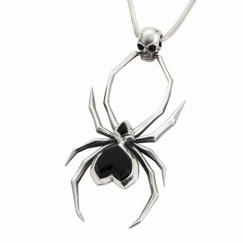 Sterling Silver Whitby Jet Gothic Spider Skull Necklace