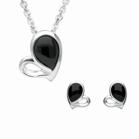 Sterling Silver Whitby Jet Half Filled Heart Two Piece Set