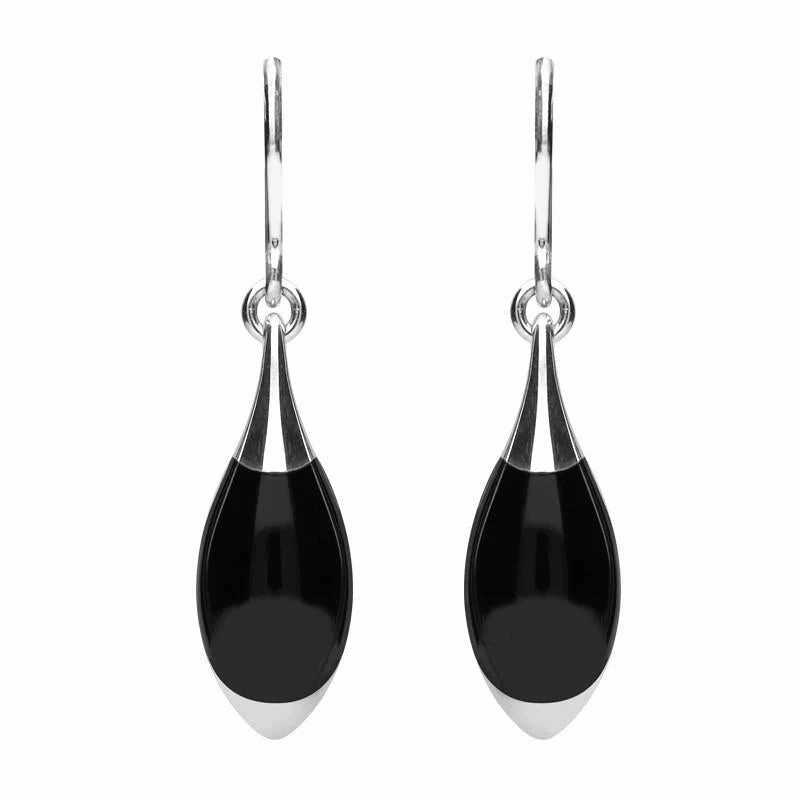 Sterling Silver Whitby Jet Half Pear Drop Hook Earrings