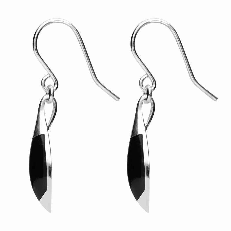 Sterling Silver Whitby Jet Half Pear Drop Hook Earrings