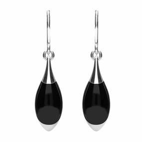 Sterling Silver Whitby Jet Half Pear Drop Hook Earrings