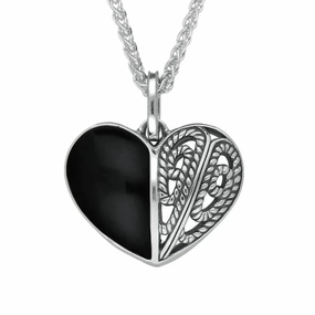 Sterling Silver Whitby Jet Half Stone Oxidised Heart Necklace