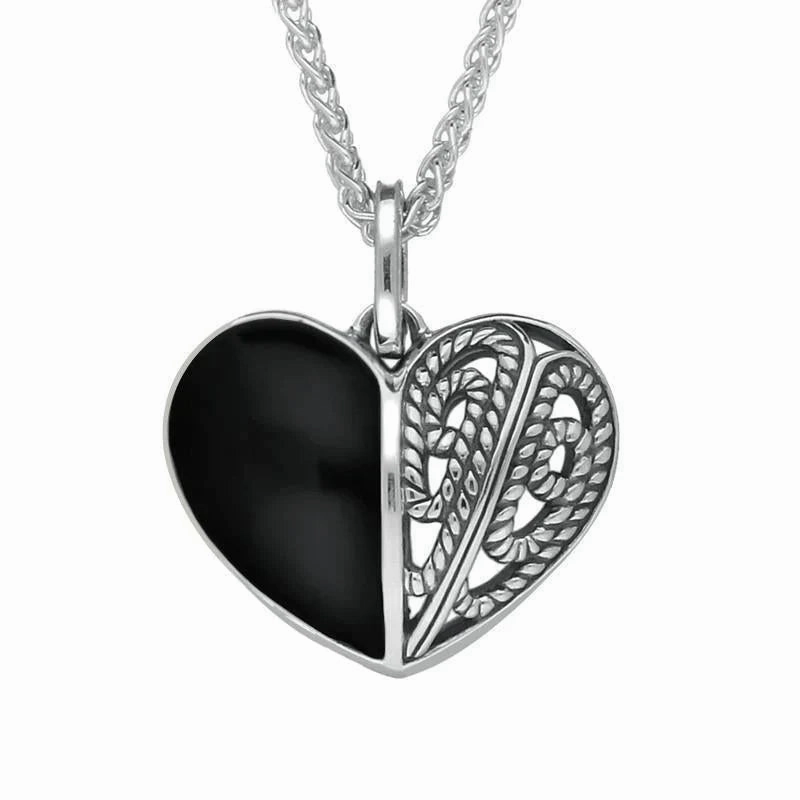 Sterling Silver Whitby Jet Half Stone Oxidised Heart Necklace