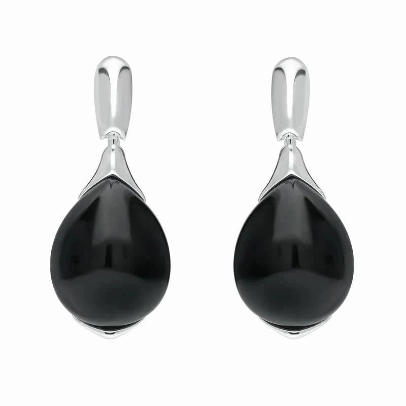 Sterling Silver Whitby Jet Hinge Top Pear Drop Earrings