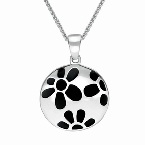 Sterling Silver Whitby Jet Inlaid Flower Necklace D