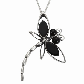 Sterling Silver Whitby Jet Large Dragonfly Necklace
