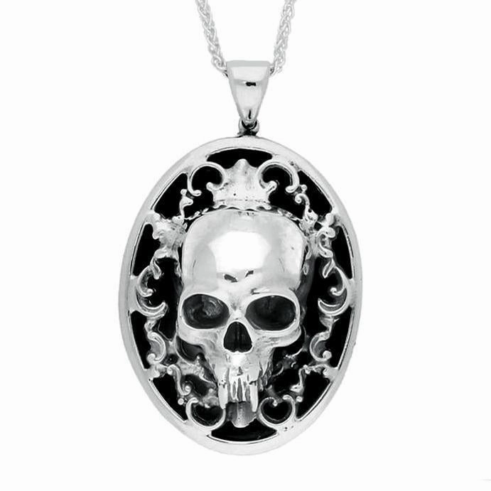 Sterling Silver Whitby Jet Large Oval Skull Necklace