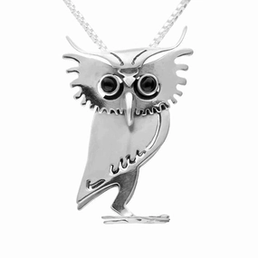 Sterling Silver Whitby Jet Large Three Dimensional Owl Necklace