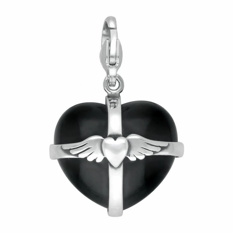 Sterling Silver Whitby Jet Large Winged Cross Heart Charm