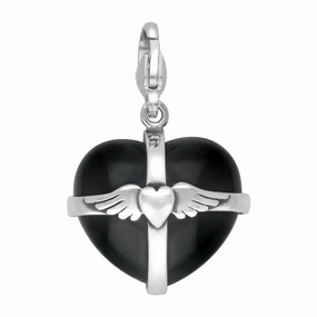 Sterling Silver Whitby Jet Large Winged Cross Heart Charm