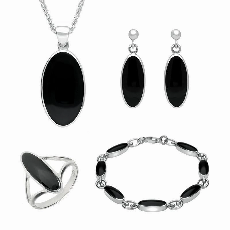 Sterling Silver Whitby Jet Long Oval Four Piece Set