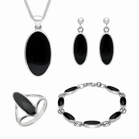 Sterling Silver Whitby Jet Long Oval Four Piece Set