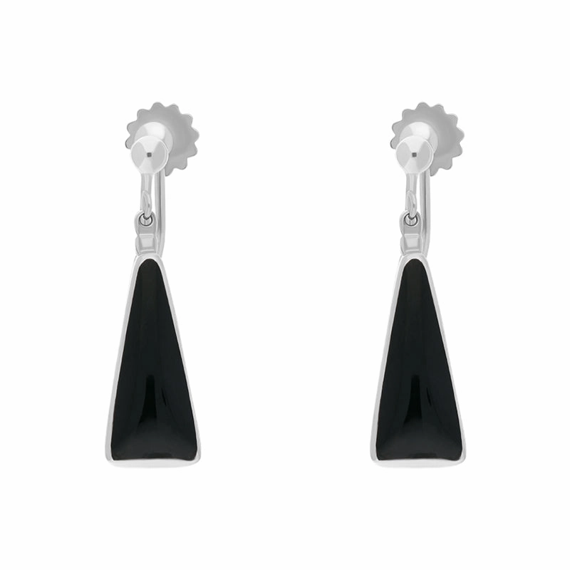 Sterling Silver Whitby Jet Long Triangle Clip On Drop Earrings
