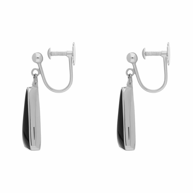 Sterling Silver Whitby Jet Long Triangle Clip On Drop Earrings