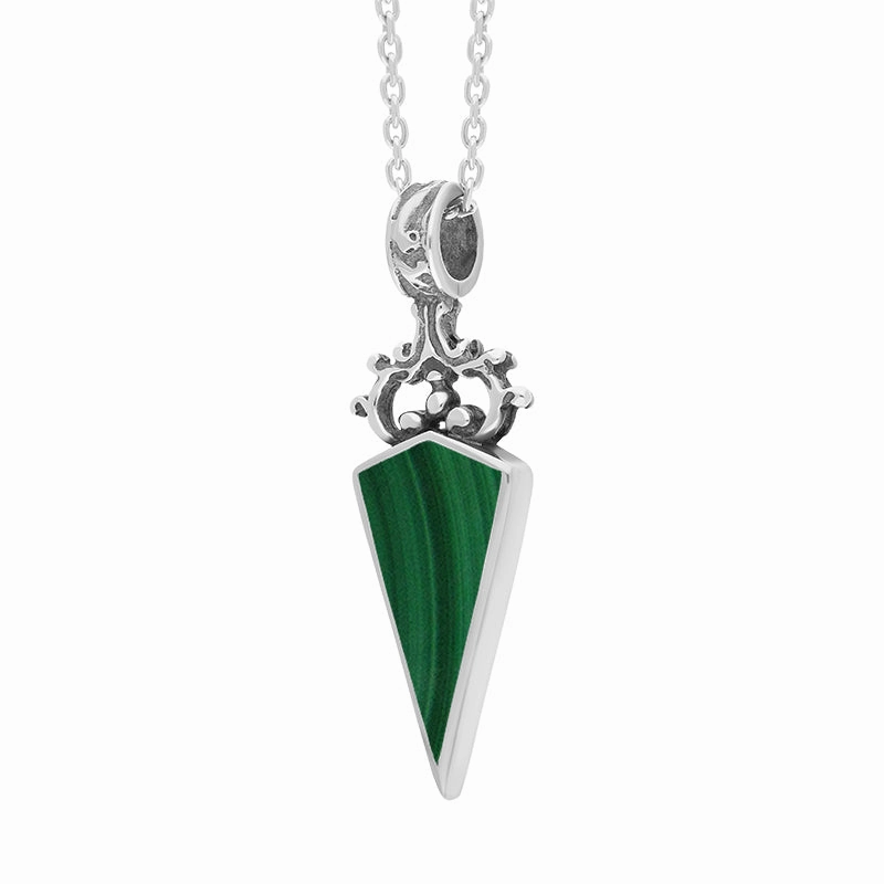 Sterling Silver Whitby Jet Malachite Double Sided Scroll Top Dagger Fob Necklace