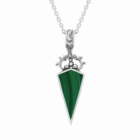 Sterling Silver Whitby Jet Malachite Double Sided Scroll Top Dagger Fob Necklace