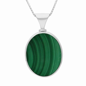 Sterling Silver Whitby Jet Malachite Hallmark Double Sided Oval Necklace