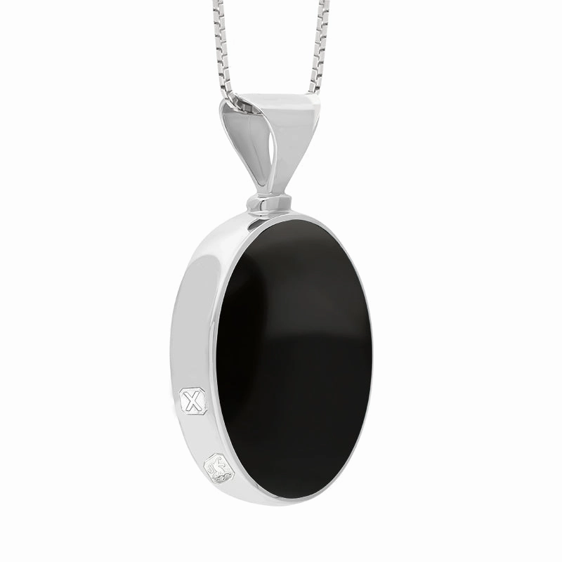 Sterling Silver Whitby Jet Malachite Hallmark Double Sided Oval Necklace