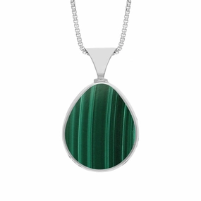 Sterling Silver Whitby Jet Malachite Hallmark Double Sided Pear-shaped Necklace