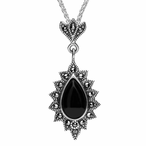 Sterling Silver Whitby Jet Marcasite Beaded Edge Pear Necklace