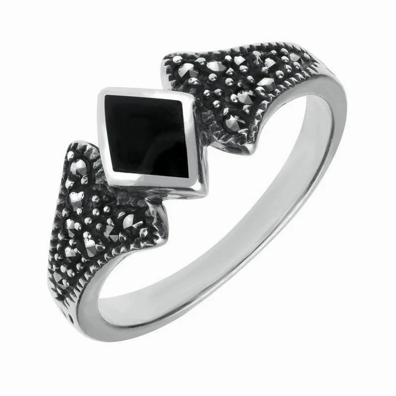 Sterling Silver Whitby Jet Marcasite Diamond Shaped Ring