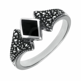 Sterling Silver Whitby Jet Marcasite Diamond Shaped Ring