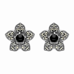 Sterling Silver Whitby Jet Marcasite Flower Stud Earrings
