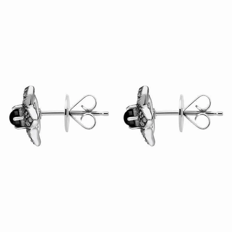 Sterling Silver Whitby Jet Marcasite Flower Stud Earrings