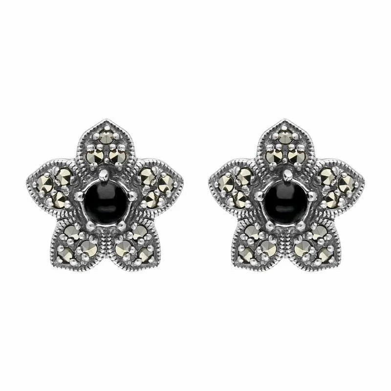 Sterling Silver Whitby Jet Marcasite Flower Stud Earrings