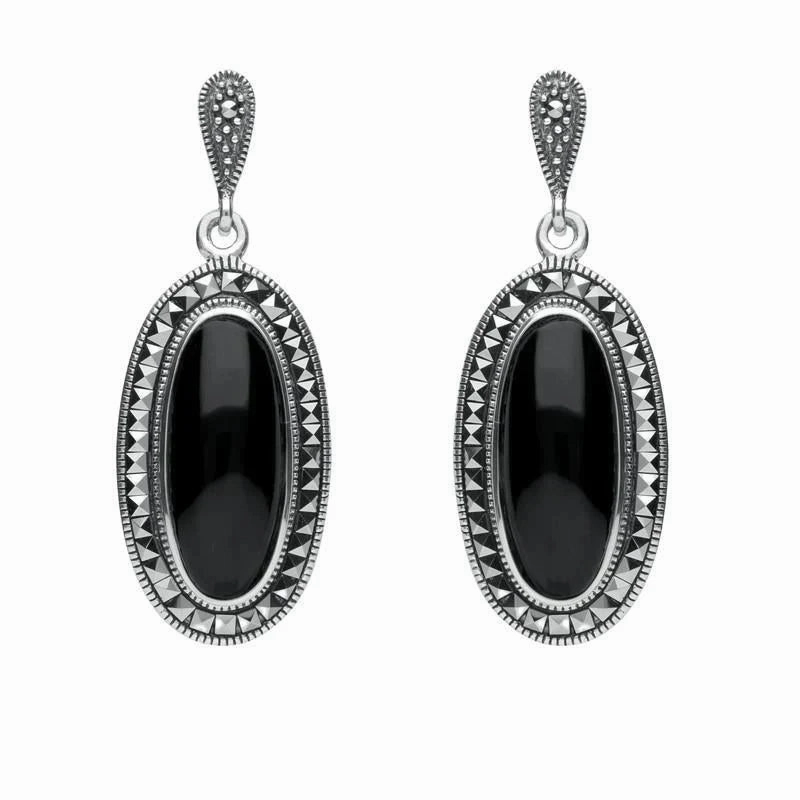 Sterling Silver Whitby Jet Marcasite Framed Drop Earrings