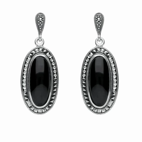 Sterling Silver Whitby Jet Marcasite Framed Drop Earrings