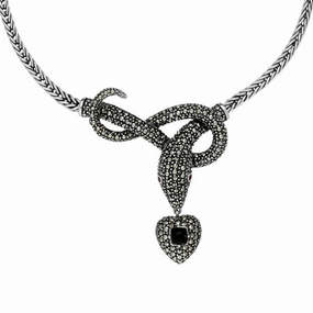 Sterling Silver Whitby Jet Marcasite Garnet Snake Necklace