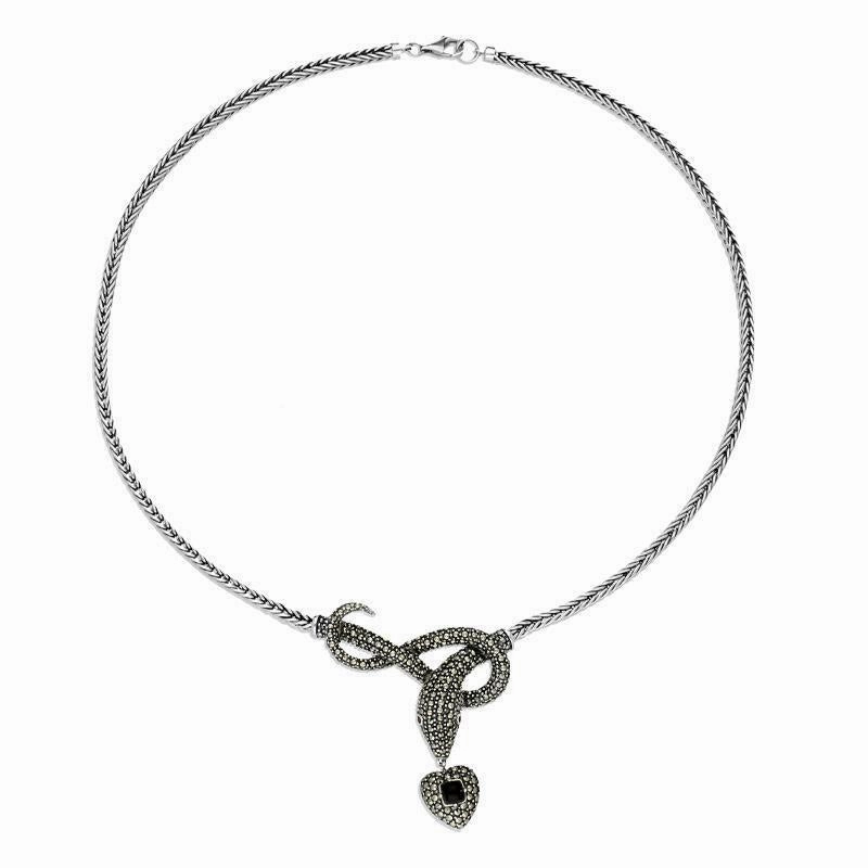 Sterling Silver Whitby Jet Marcasite Garnet Snake Necklace