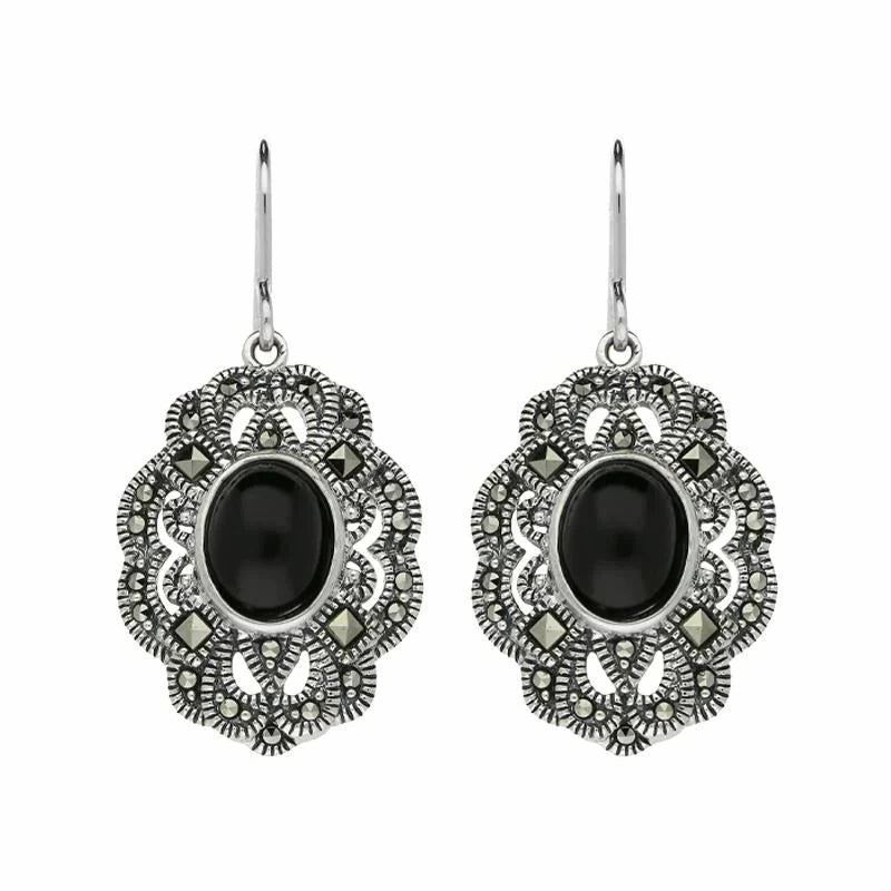 Sterling Silver Whitby Jet Marcasite Lace Edge Oval Drop Earrings