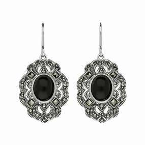 Sterling Silver Whitby Jet Marcasite Lace Edge Oval Drop Earrings