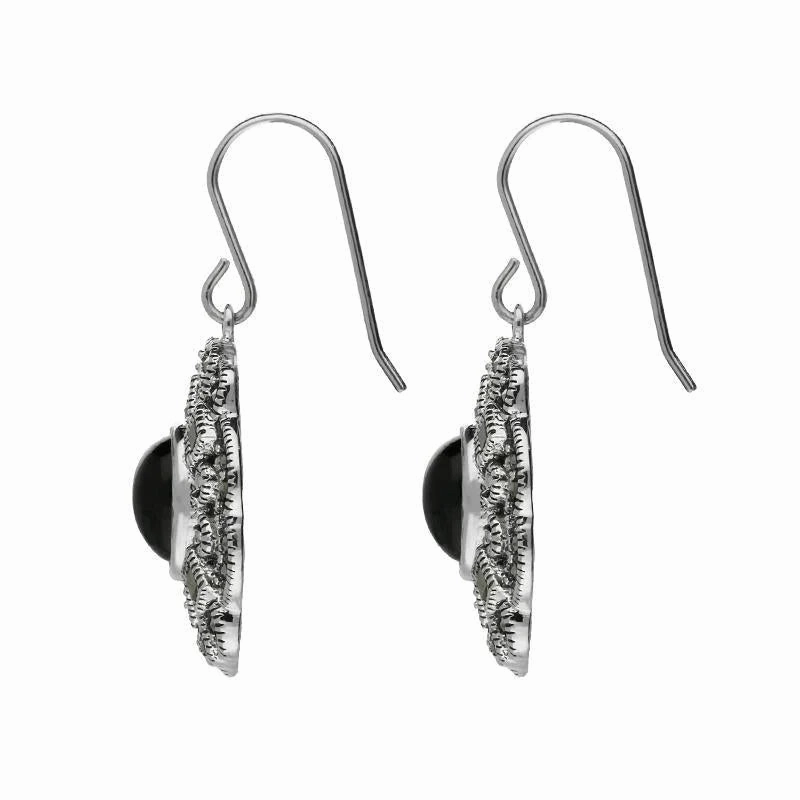 Sterling Silver Whitby Jet Marcasite Lace Edge Oval Drop Earrings