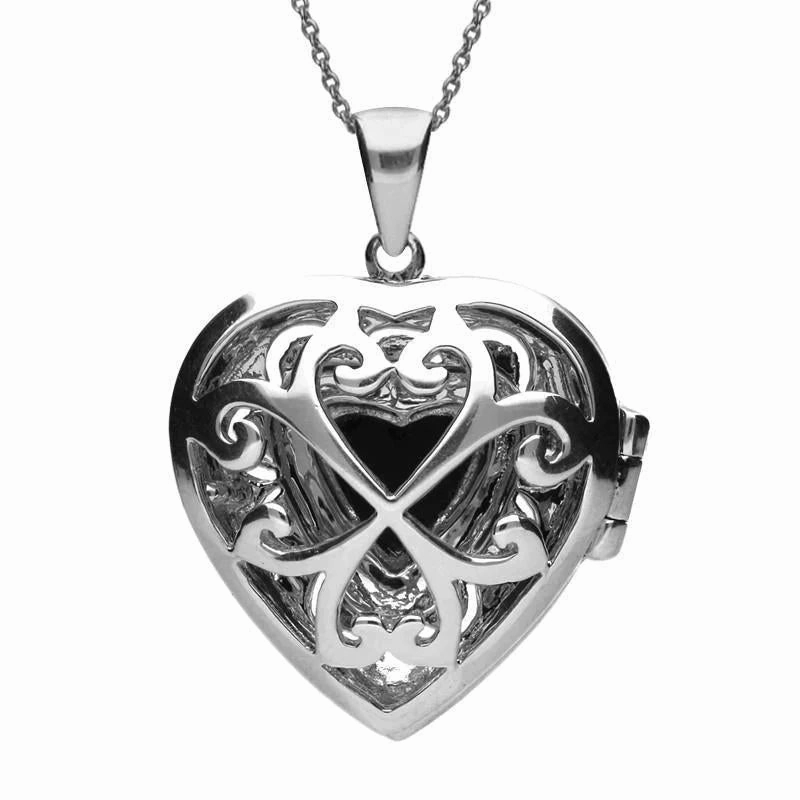 Sterling Silver Whitby Jet Marcasite Large Heart Locket Necklace